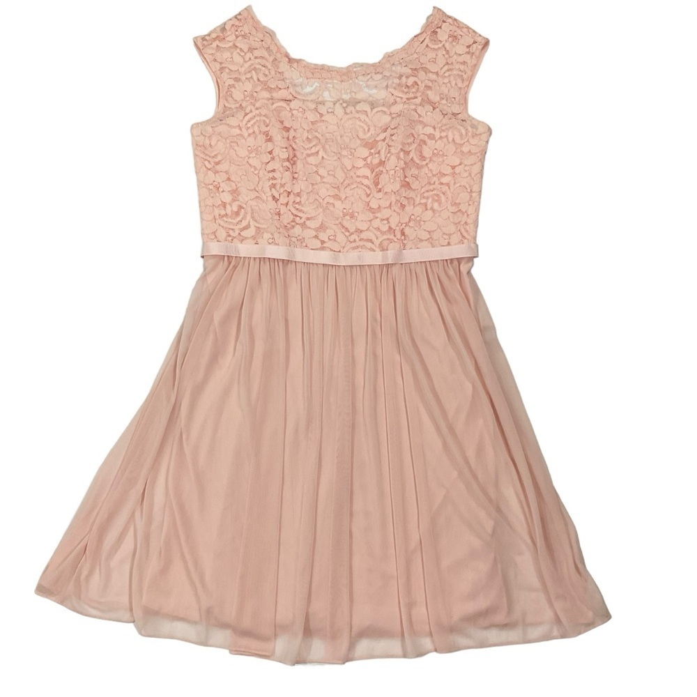 David’s Bridal Light Pink Petal Lace Bodice Dress Size 12 Short Cap Sleeve